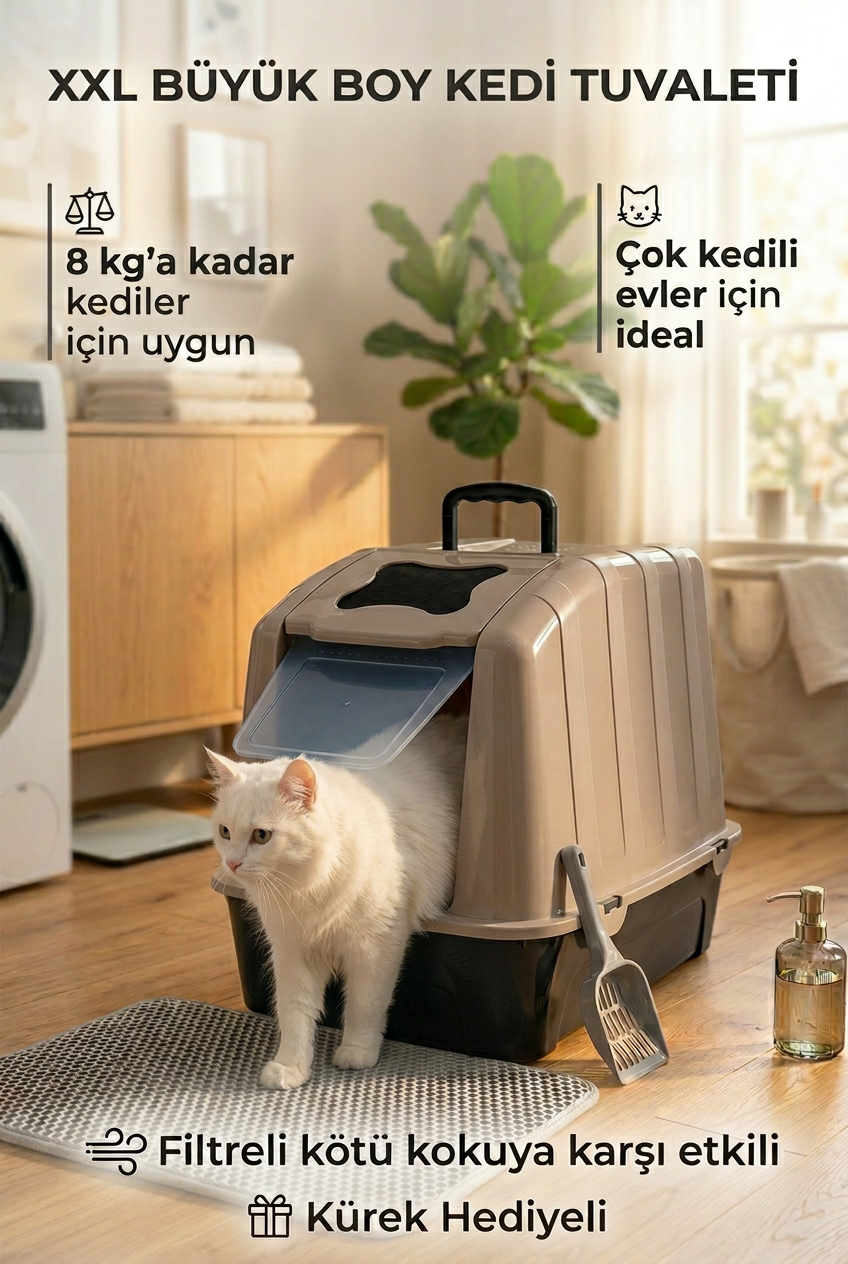 XXL Büyük Boy Kapalı Kedi Tuvaleti, Filtreli ve Kürek Hediyeli, 59x41,5x47,5 cm - VN11097