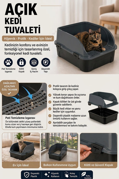 Comfort Açık Kedi Tuvaleti, 52x37x23 cm, Yüksek Kenarlı Kedi Tuvalet Kabı, Kum Küreği Hediyeli