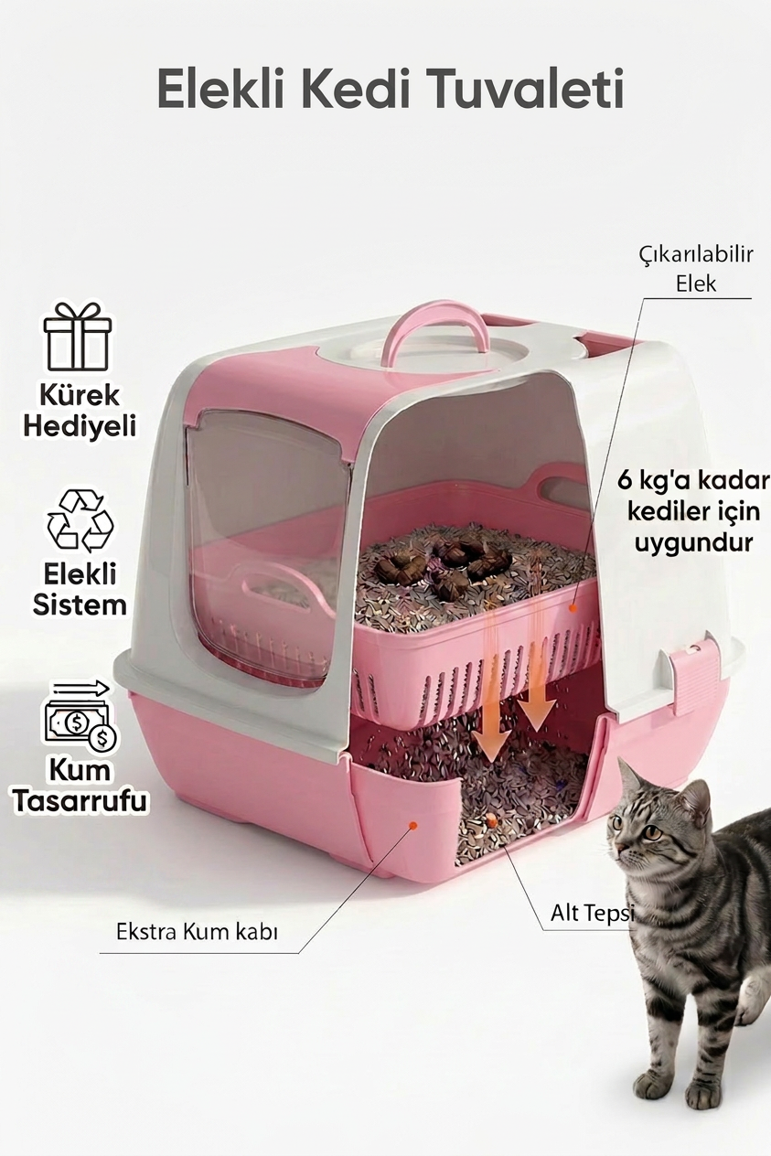 Flex Elekli Kedi Tuvaleti, 50x37,5x40 cm, XL boy, Kum küreği hediyeli