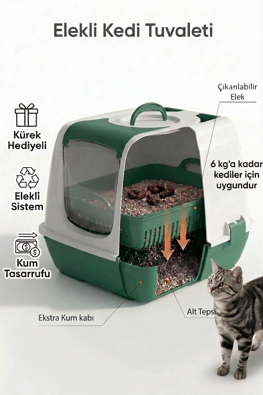 Flex Elekli Kedi Tuvaleti, 50x37,5x40 cm, XL boy, Kum küreği hediyeli