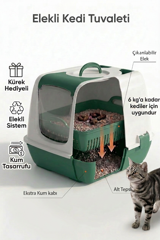 Flex Elekli Kedi Tuvaleti, 50x37,5x40 cm, XL boy, Kum küreği hediyeli