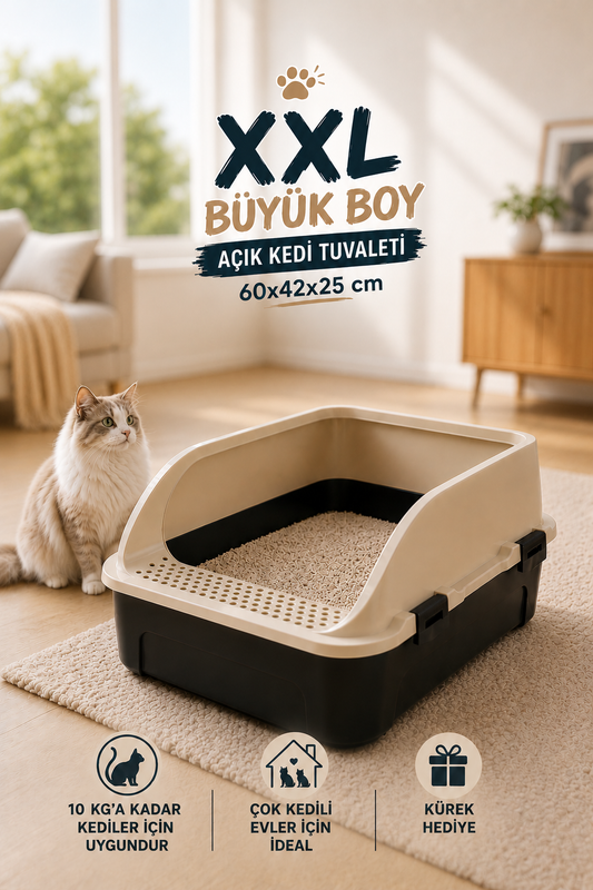 Comfort XXL Açık Kedi Tuvaleti Büyük Boy Kedi Kum Kabı Yüksek Kenarlı Kürek Hediyeli 60x42x25 cm