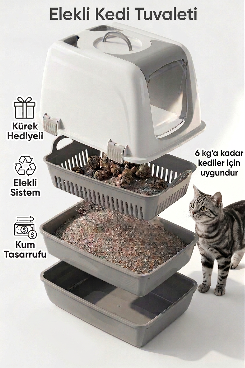 Flex Elekli Kedi Tuvaleti, 50x37,5x40 cm, XL boy, Kum küreği hediyeli