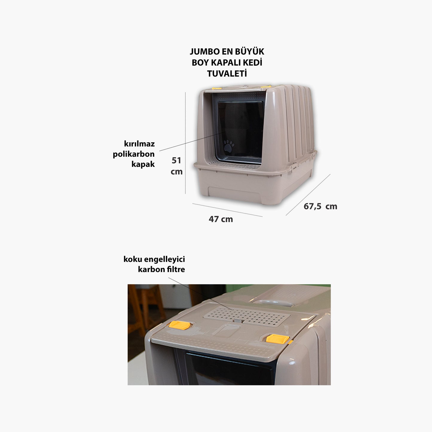 Jumbo Dev Büyük Boy Kapalı Kedi Tuvaleti, Filtreli ve Kürek Hediyeli, 67,5x47x51 cm - VN11095