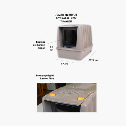 Jumbo Dev Büyük Boy Kapalı Kedi Tuvaleti, Filtreli ve Kürek Hediyeli, 67,5x47x51 cm - VN11095