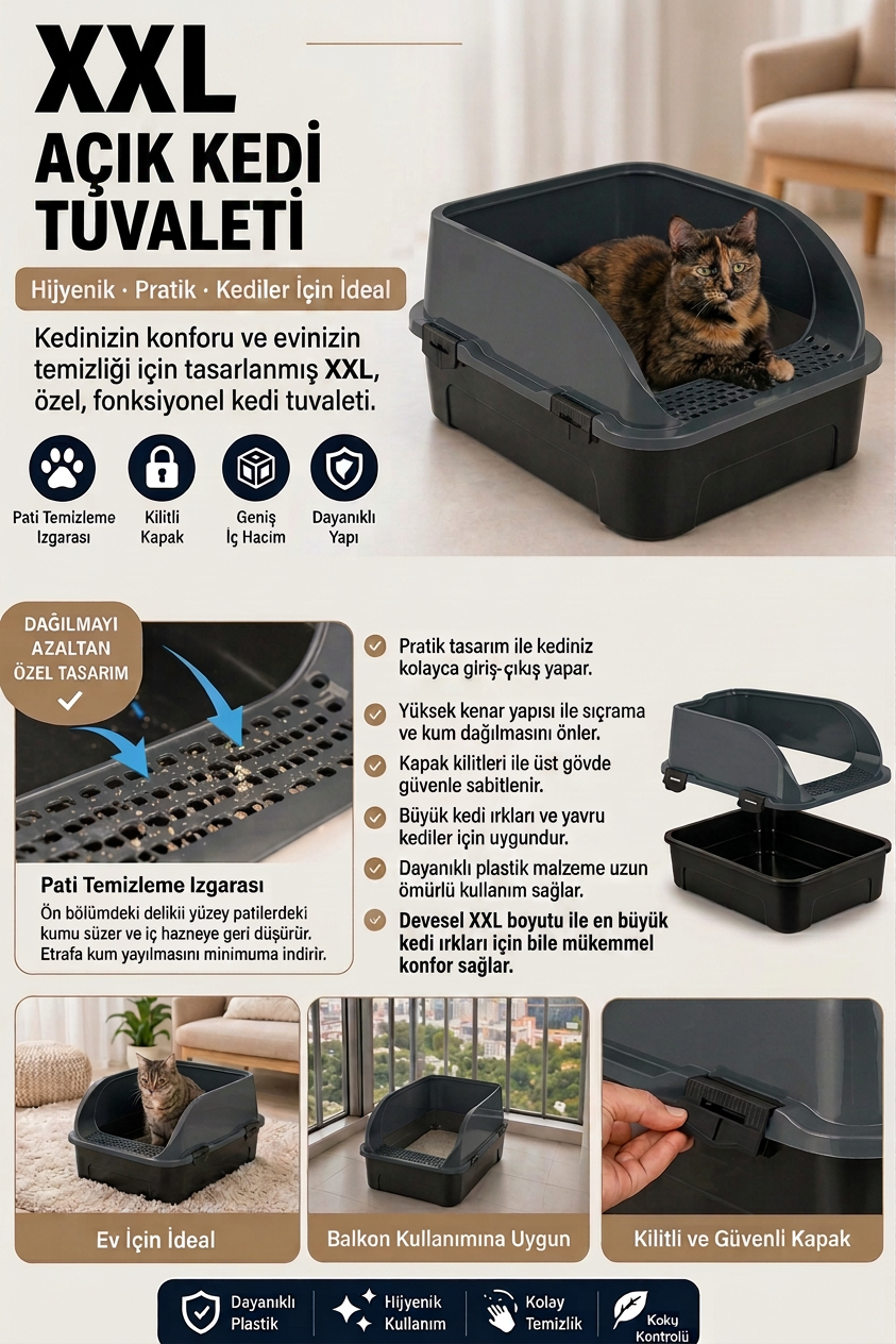 Comfort XXL Açık Kedi Tuvaleti Büyük Boy Kedi Kum Kabı Yüksek Kenarlı Kürek Hediyeli 60x42x25 cm