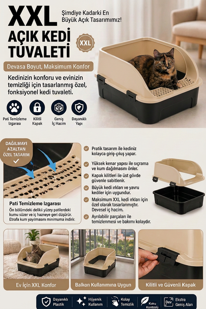 Comfort XXL Açık Kedi Tuvaleti Büyük Boy Kedi Kum Kabı Yüksek Kenarlı Kürek Hediyeli 60x42x25 cm