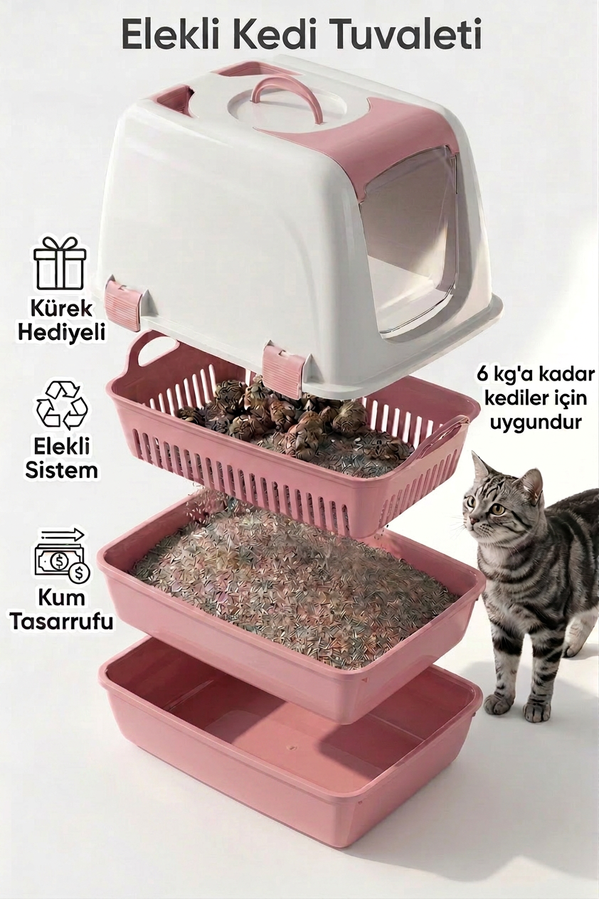 Flex Elekli Kedi Tuvaleti, 50x37,5x40 cm, XL boy, Kum küreği hediyeli