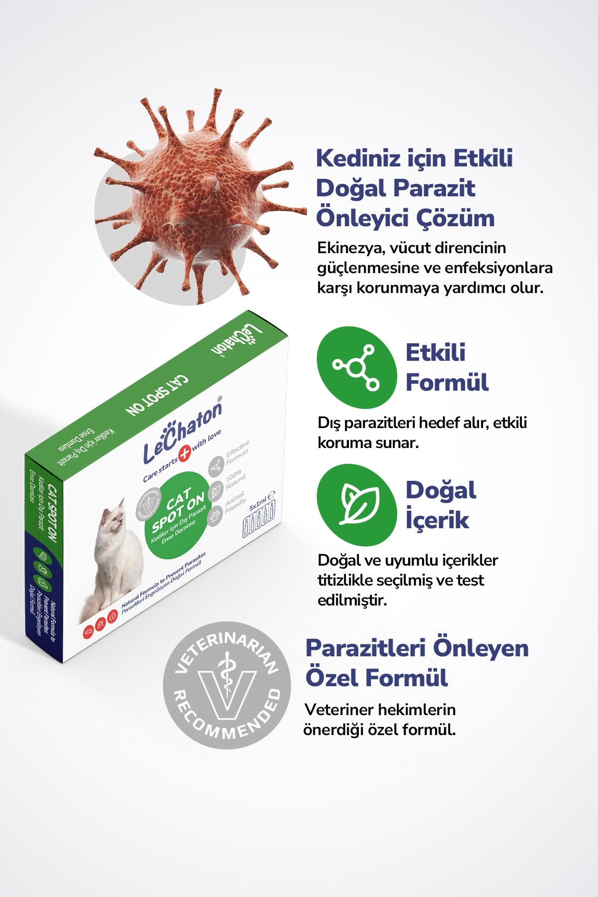 Kedi Ense Damlası - Kediler için Dış Parazit Pire Bit Kene Deri Bakımı Için Bitkisel Ense Damlası  5x1 ml