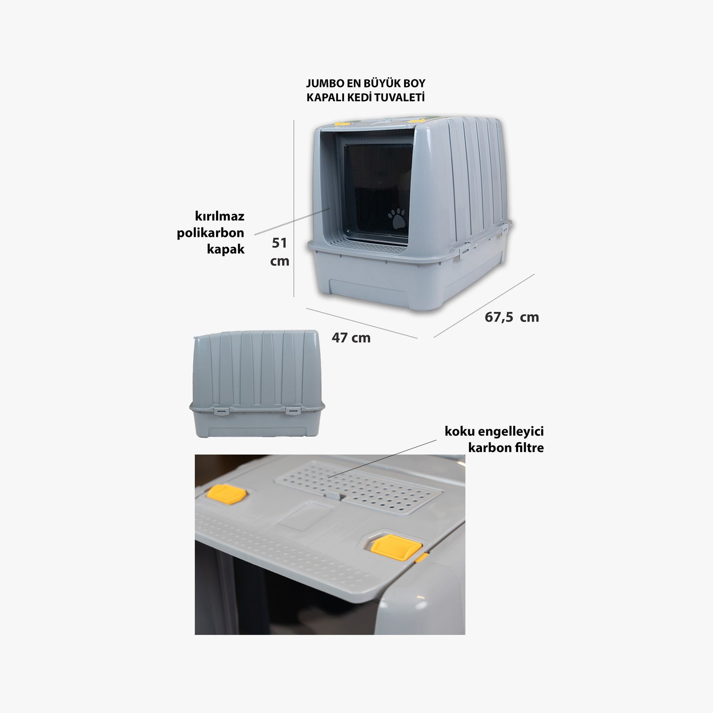 Jumbo Dev Büyük Boy Kapalı Kedi Tuvaleti, Filtreli ve Kürek Hediyeli, 67,5x47x51 cm - VN11095