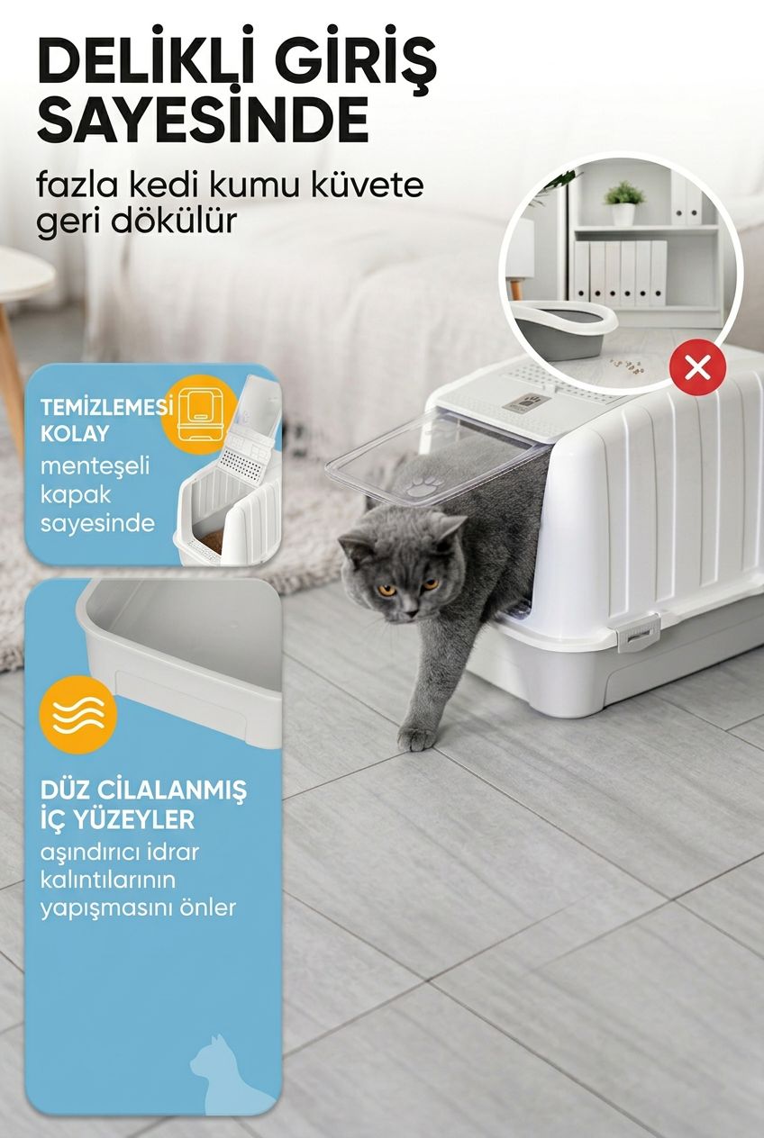 Lüks Kapalı Kedi Tuvaleti, Filtreli ve Kürek Hediyeli, 52x37,5x39 cm - VN11003