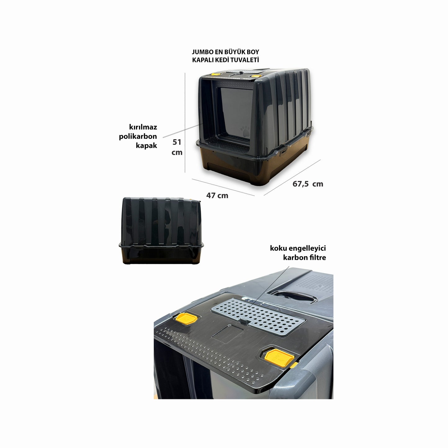 Jumbo Dev Büyük Boy Kapalı Kedi Tuvaleti, Filtreli ve Kürek Hediyeli, 67,5x47x51 cm - VN11095