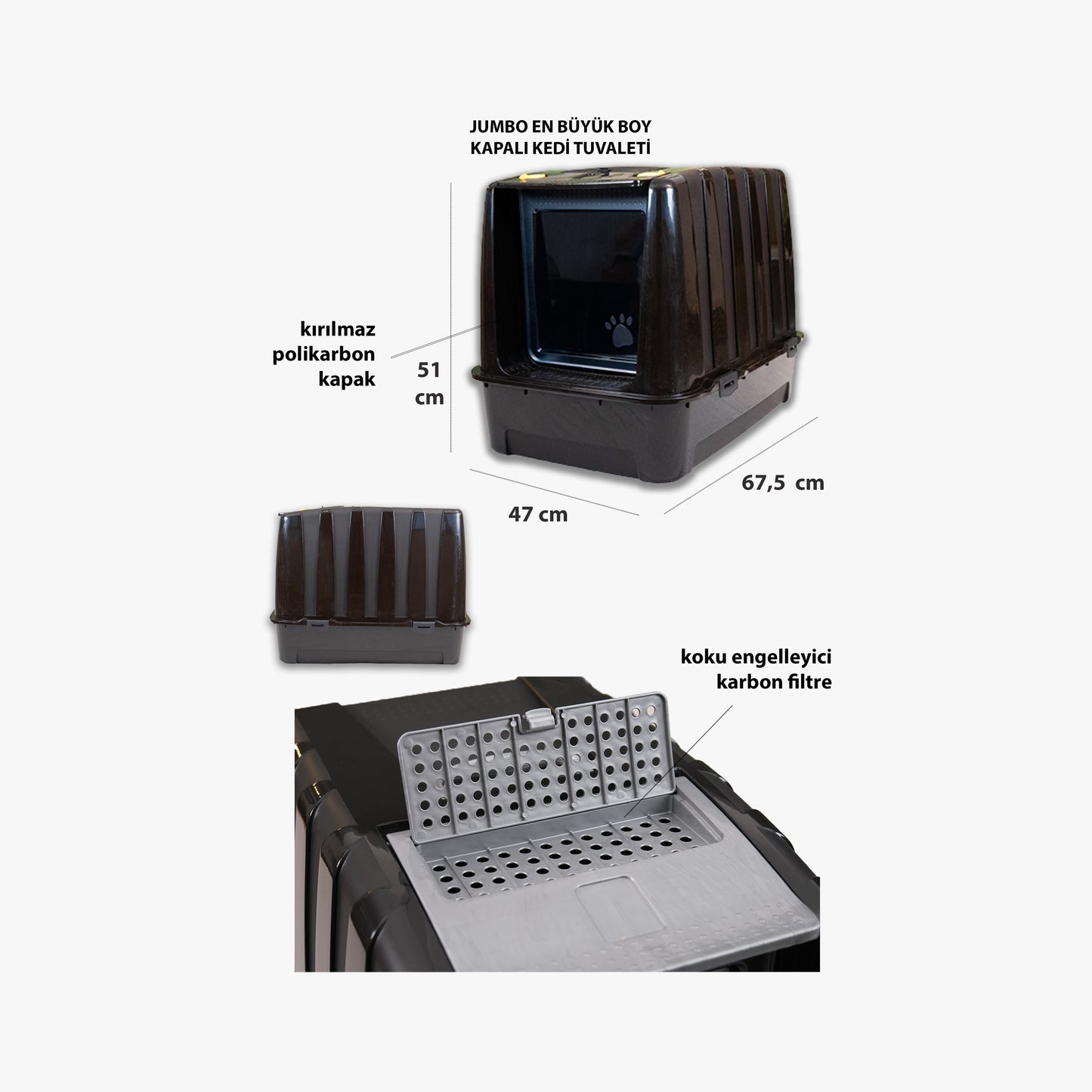 Jumbo Dev Büyük Boy Kapalı Kedi Tuvaleti, Filtreli ve Kürek Hediyeli, 67,5x47x51 cm - VN11095