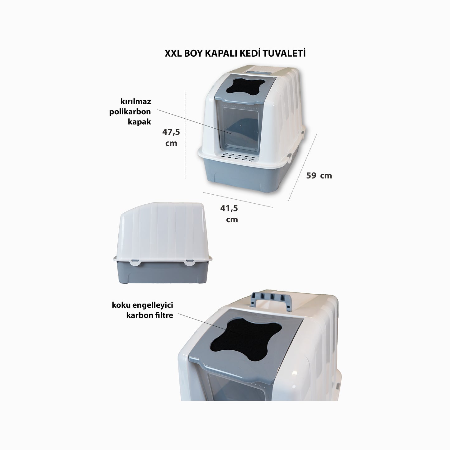 XXL Büyük Boy Kapalı Kedi Tuvaleti, Filtreli ve Kürek Hediyeli, 59x41,5x47,5 cm - VN11097