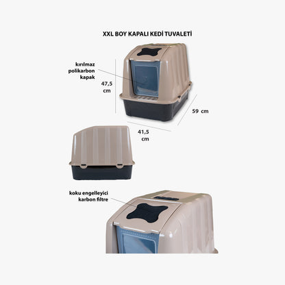 XXL Büyük Boy Kapalı Kedi Tuvaleti, Filtreli ve Kürek Hediyeli, 59x41,5x47,5 cm - VN11097