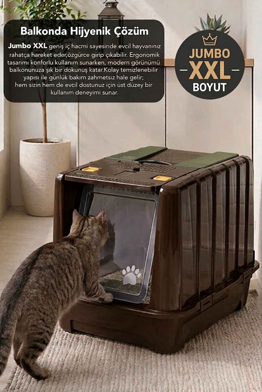 Jumbo Dev Büyük Boy Kapalı Kedi Tuvaleti, Filtreli ve Kürek Hediyeli, 67,5x47x51 cm - VN11095