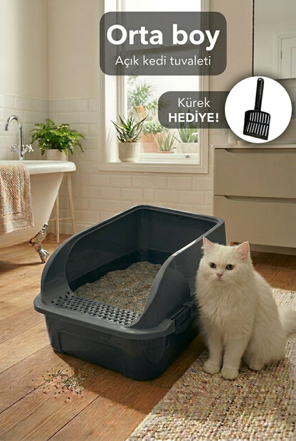 Comfort Açık Kedi Tuvaleti, 52x37x23 cm, Yüksek Kenarlı Kedi Tuvalet Kabı, Kum Küreği Hediyeli