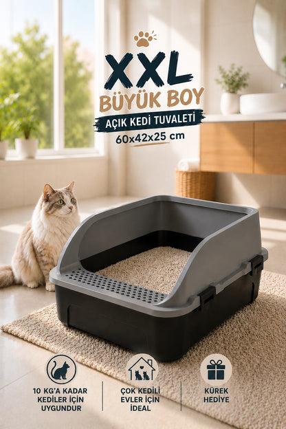 Comfort XXL Açık Kedi Tuvaleti Büyük Boy Kedi Kum Kabı Yüksek Kenarlı Kürek Hediyeli 60x42x25 cm