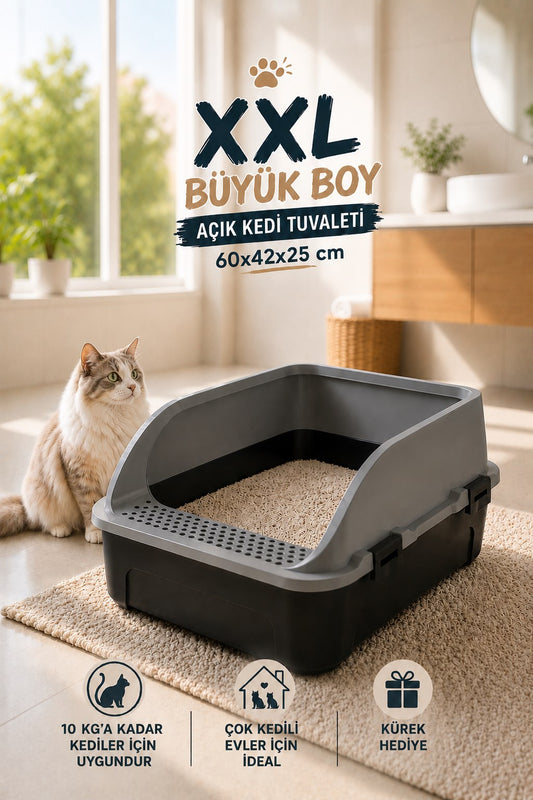 Comfort XXL Açık Kedi Tuvaleti Büyük Boy Kedi Kum Kabı Yüksek Kenarlı Kürek Hediyeli 60x42x25 cm