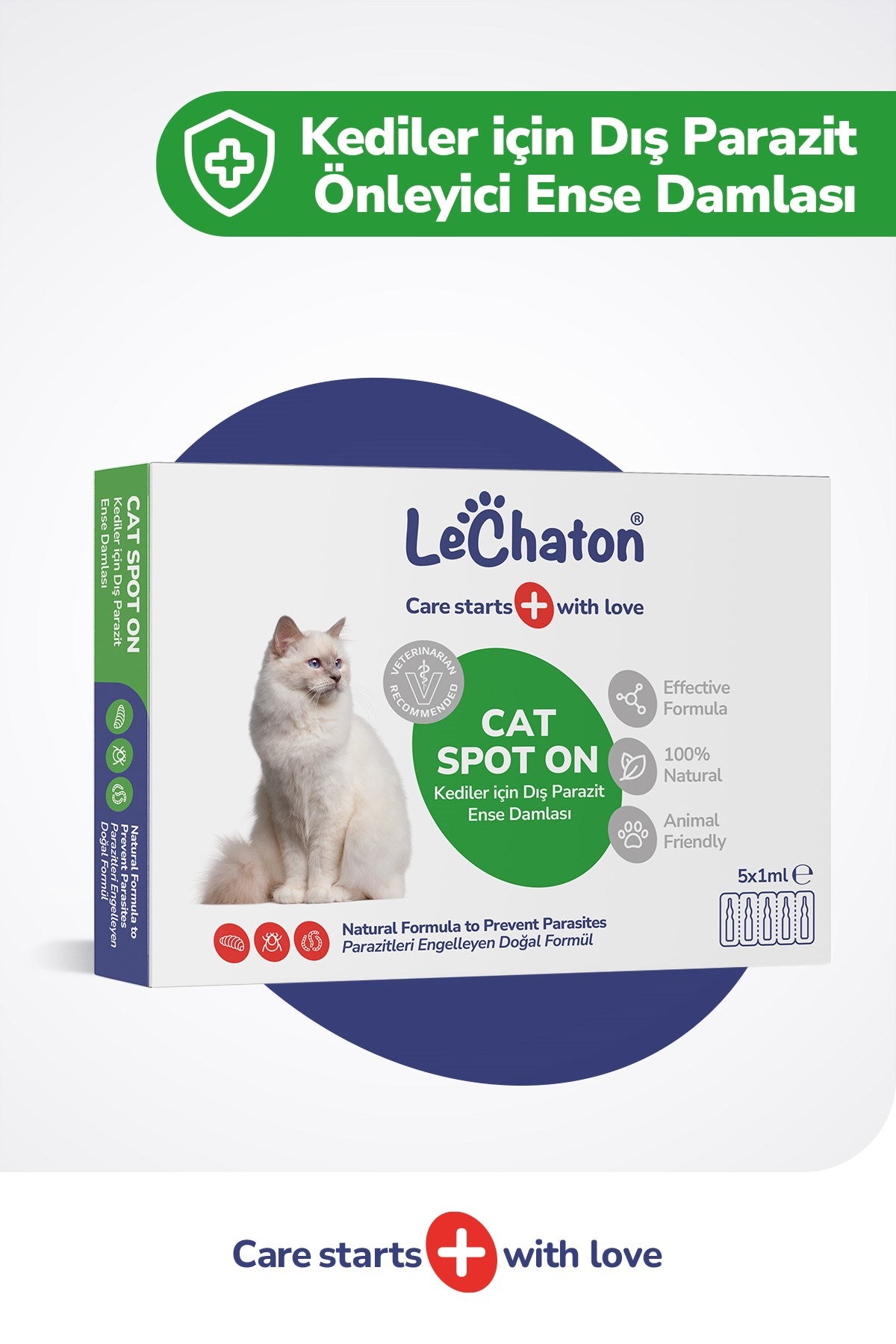 Kedi Ense Damlası - Kediler için Dış Parazit Pire Bit Kene Deri Bakımı Için Bitkisel Ense Damlası  5x1 ml