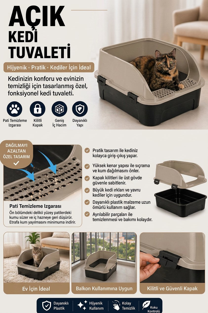 Comfort Açık Kedi Tuvaleti, 52x37x23 cm, Yüksek Kenarlı Kedi Tuvalet Kabı, Kum Küreği Hediyeli