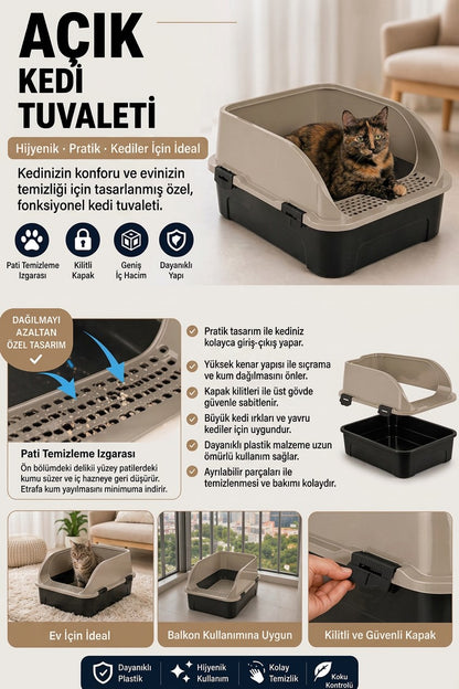 Comfort Açık Kedi Tuvaleti, 52x37x23 cm, Yüksek Kenarlı Kedi Tuvalet Kabı, Kum Küreği Hediyeli