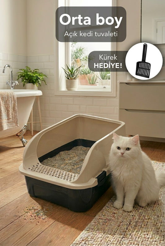Comfort Açık Kedi Tuvaleti, 52x37x23 cm, Yüksek Kenarlı Kedi Tuvalet Kabı, Kum Küreği Hediyeli