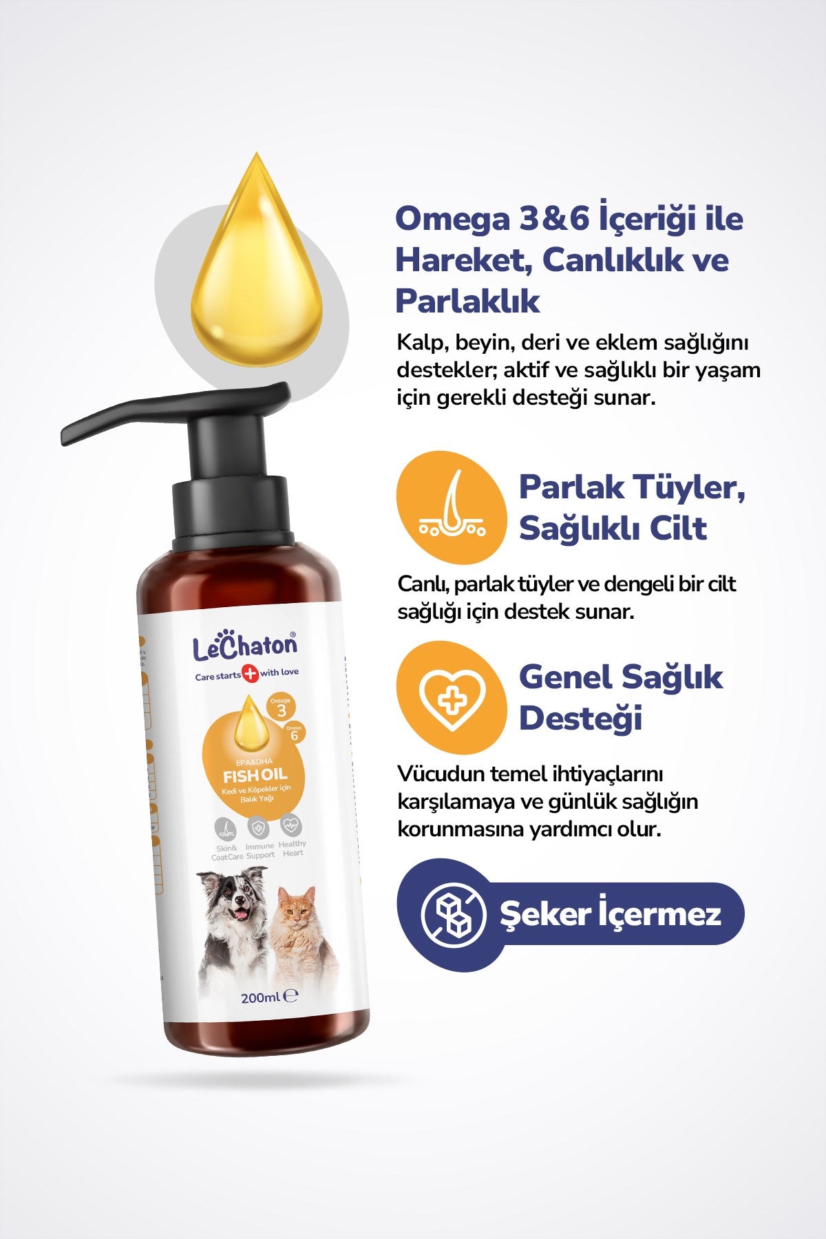 Fish Oil - Kedi Ve Köpekler Için Balık Yağı 200ml Omega 3 ve 6 Takviyesi Tüy ve Cilt Sağlığı Destekleyici