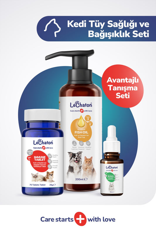 Kedi Köpek Bağışıklık Sistemi ve Tüy Sağlığı Destekleyici Set - Immune Tablet - Multivitaminli Plus+B Damla - Fish Oil Balık Yağı